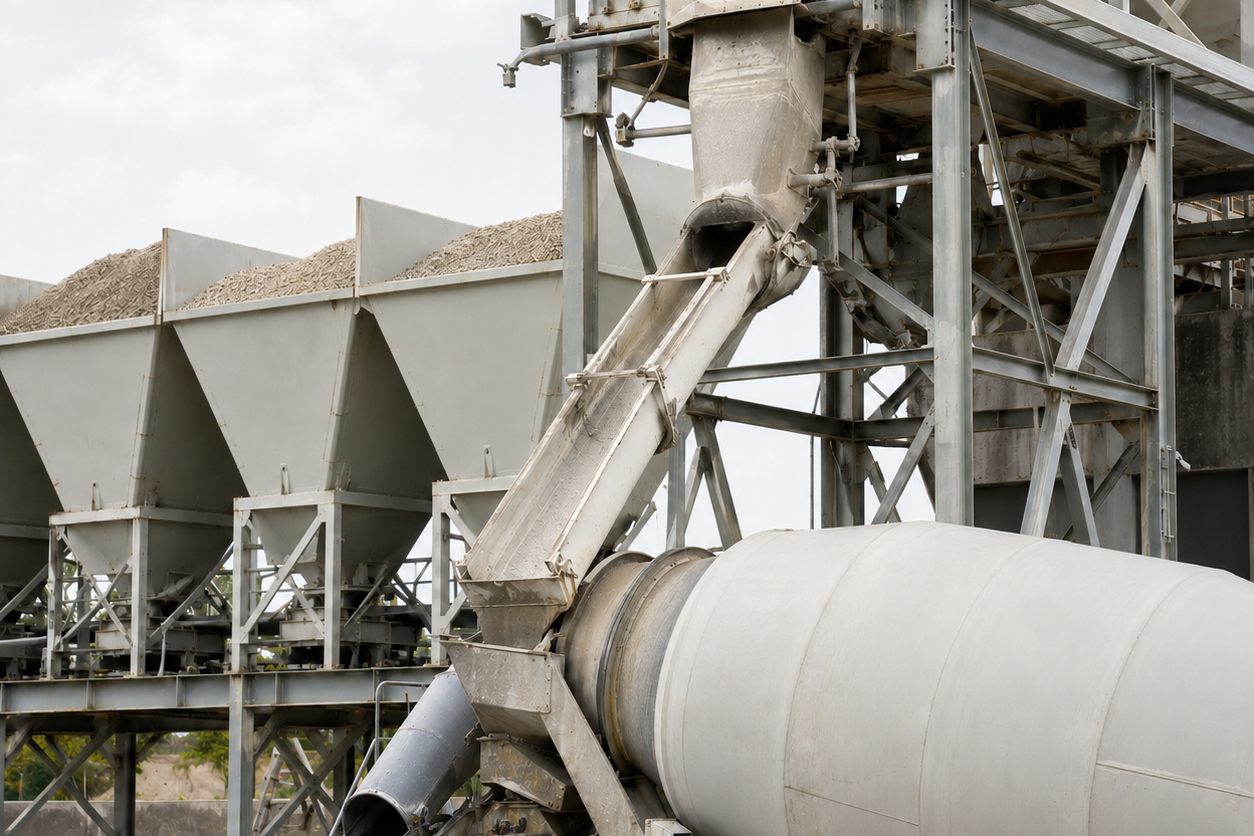 Batch plant charging chute discharging into a ready-mix truck drum