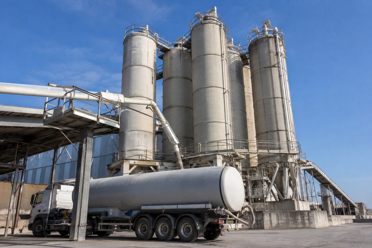 Cement silos at a terminal with a pneumatic tanker connected for loadout